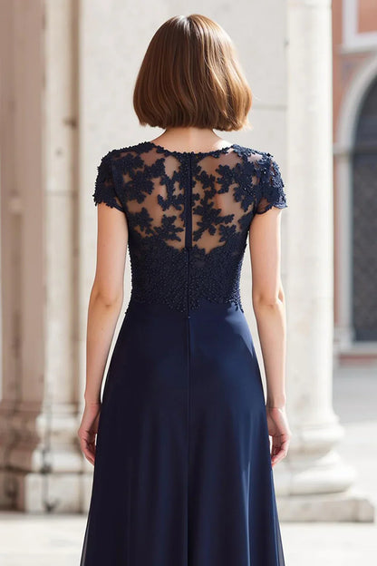 Elegant Navy Blue Chiffon A-Line Short Sleeve Floor-Length Mother of the Bride Dress