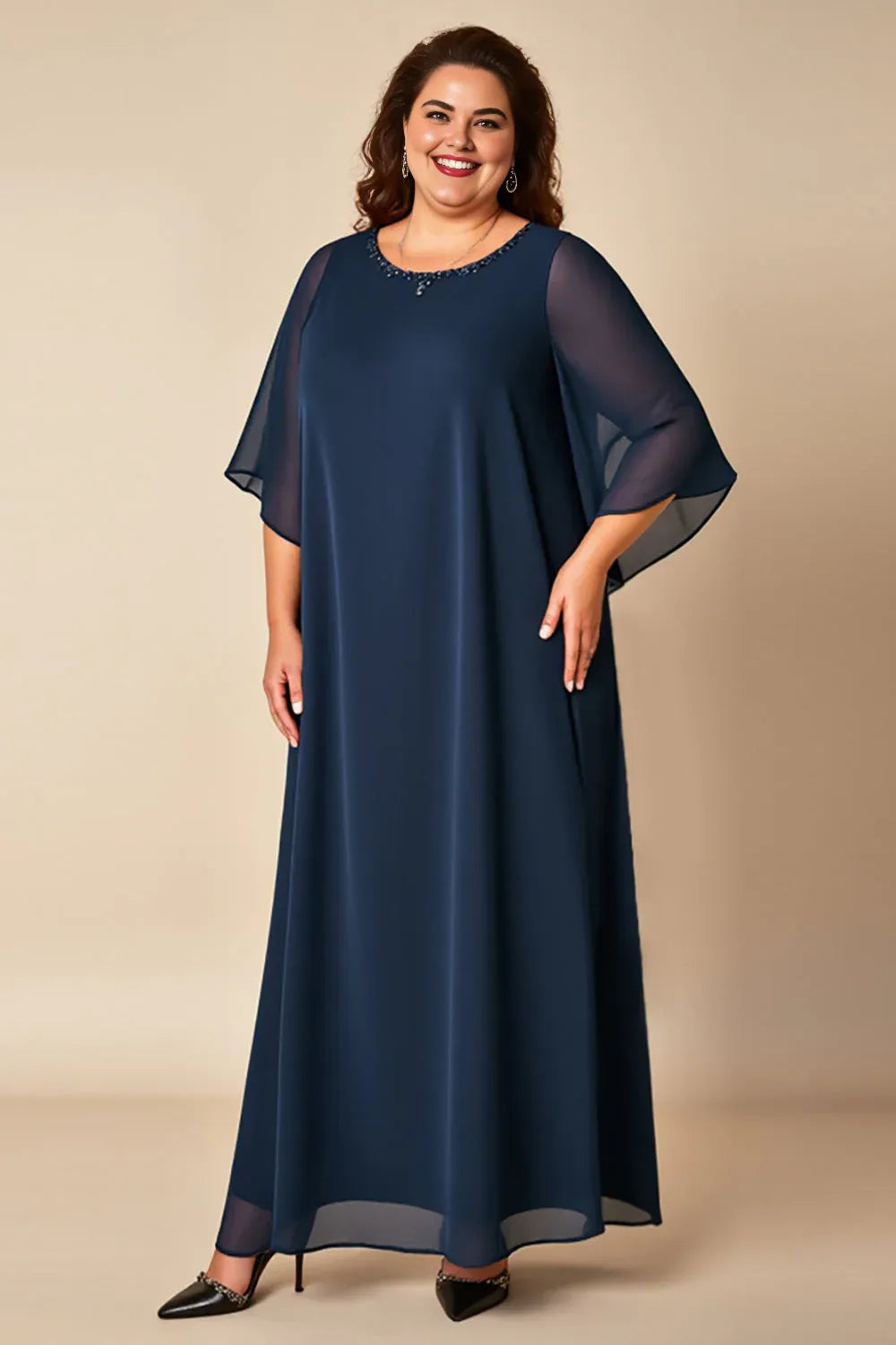 Elegant Navy Blue Chiffon A-Line Scoop Neck Floor-Length Mother of the Bride Dress