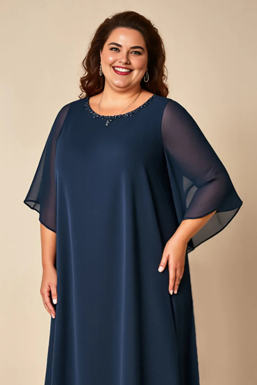 Elegant Navy Blue Chiffon A-Line Scoop Neck Floor-Length Mother of the Bride Dress