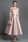 Elegant Red Satin A-Line Scoop Neck Tea-Length Mother of the Bride Dress