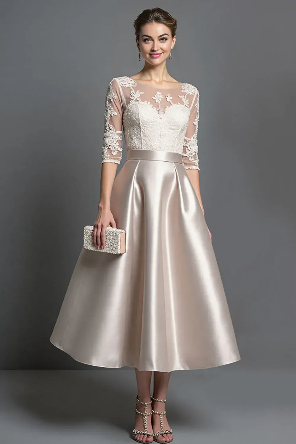 Elegant Red Satin A-Line Scoop Neck Tea-Length Mother of the Bride Dress