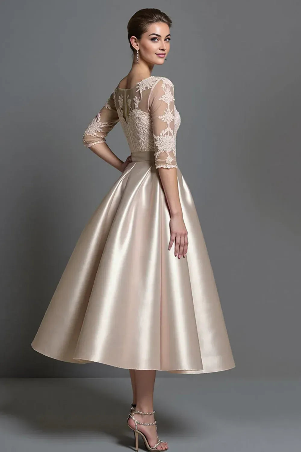 Elegant Red Satin A-Line Scoop Neck Tea-Length Mother of the Bride Dress