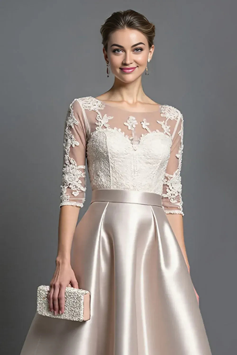 Elegant Red Satin A-Line Scoop Neck Tea-Length Mother of the Bride Dress