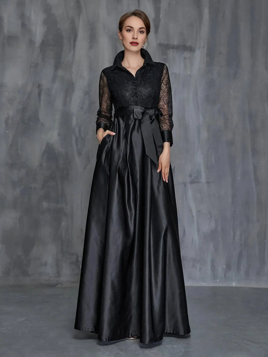Special Occasion Sophisticated Graceful Elegant Black Satin A-Line Long Sleeve Floor-Length Prom Dress