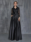 Special Occasion Sophisticated Graceful Elegant Black Satin A-Line Long Sleeve Floor-Length Prom Dress