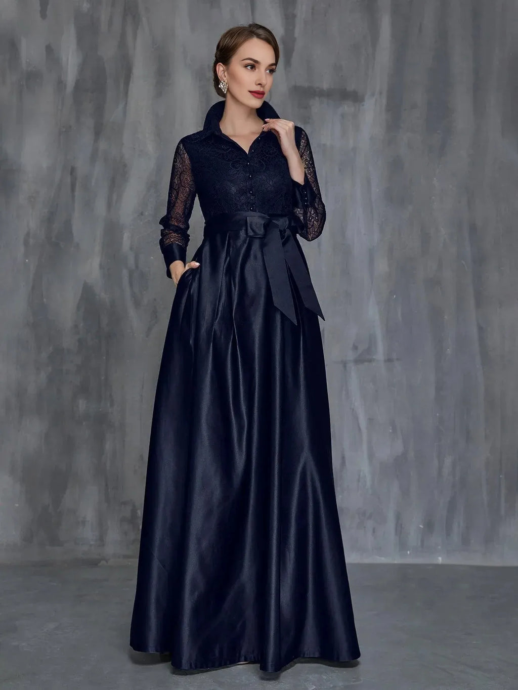 Special Occasion Sophisticated Graceful Elegant Black Satin A-Line Long Sleeve Floor-Length Prom Dress