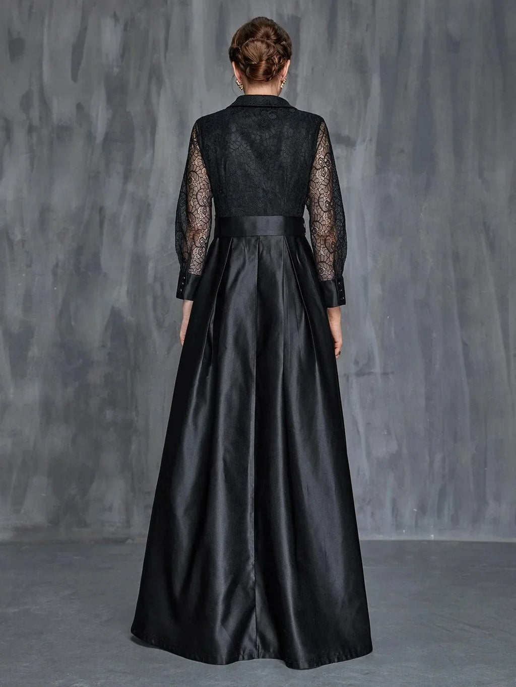 Special Occasion Sophisticated Graceful Elegant Black Satin A-Line Long Sleeve Floor-Length Prom Dress