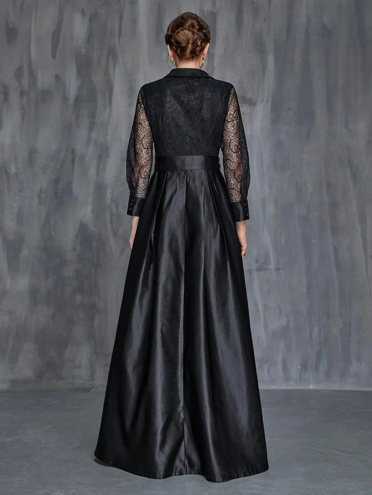 Special Occasion Sophisticated Graceful Elegant Black Satin A-Line Long Sleeve Floor-Length Prom Dress