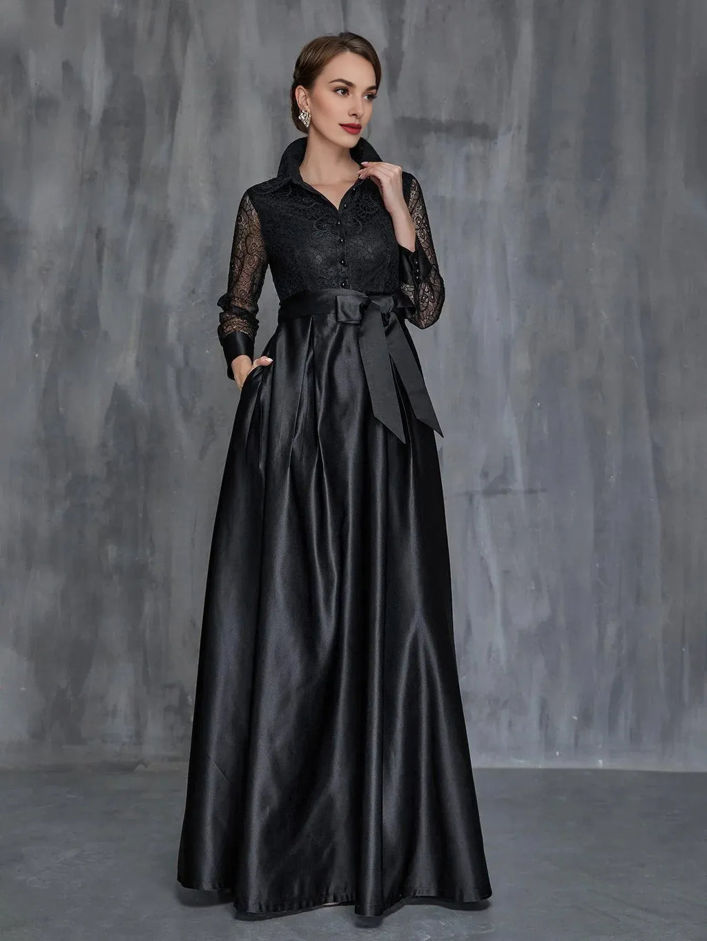 Special Occasion Sophisticated Graceful Elegant Black Satin A-Line Long Sleeve Floor-Length Prom Dress