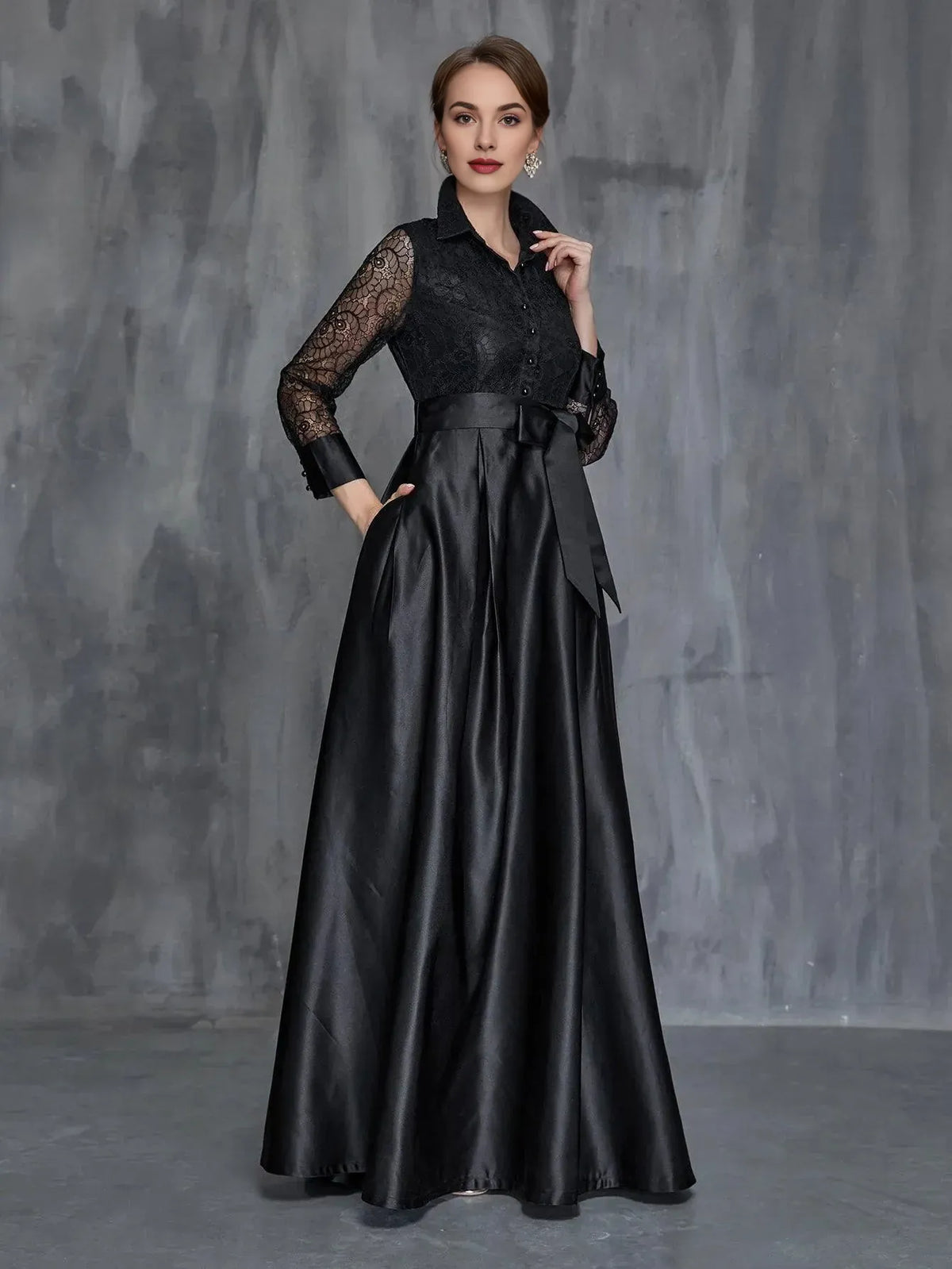 Special Occasion Sophisticated Graceful Elegant Black Satin A-Line Long Sleeve Floor-Length Prom Dress