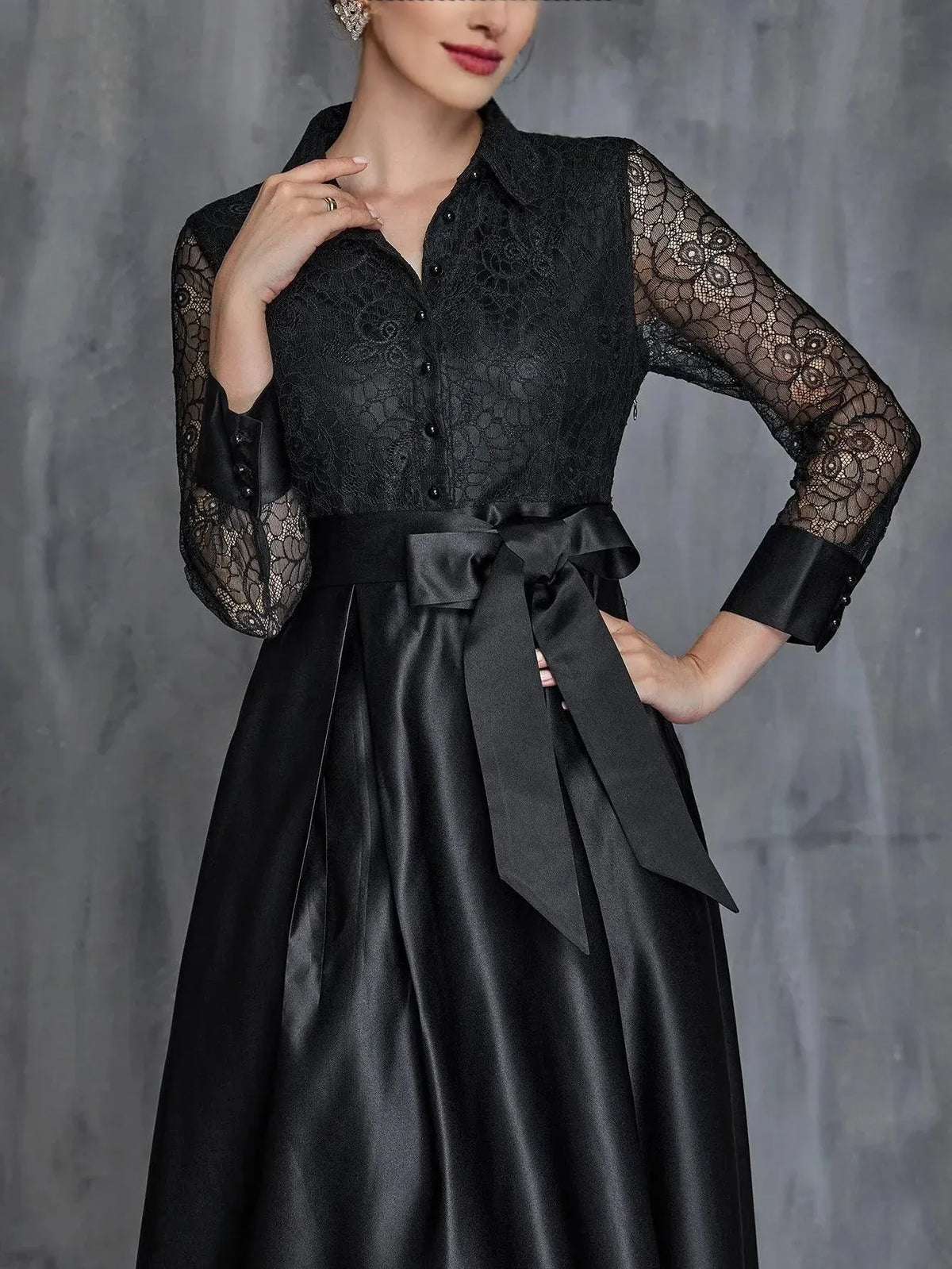 Special Occasion Sophisticated Graceful Elegant Black Satin A-Line Long Sleeve Floor-Length Prom Dress