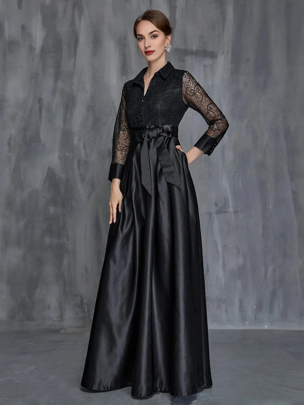 Special Occasion Sophisticated Graceful Elegant Black Satin A-Line Long Sleeve Floor-Length Prom Dress