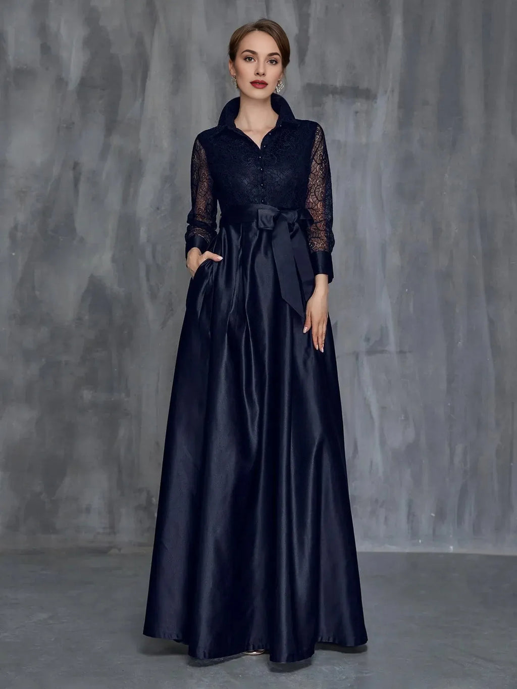 Special Occasion Sophisticated Graceful Elegant Black Satin A-Line Long Sleeve Floor-Length Prom Dress