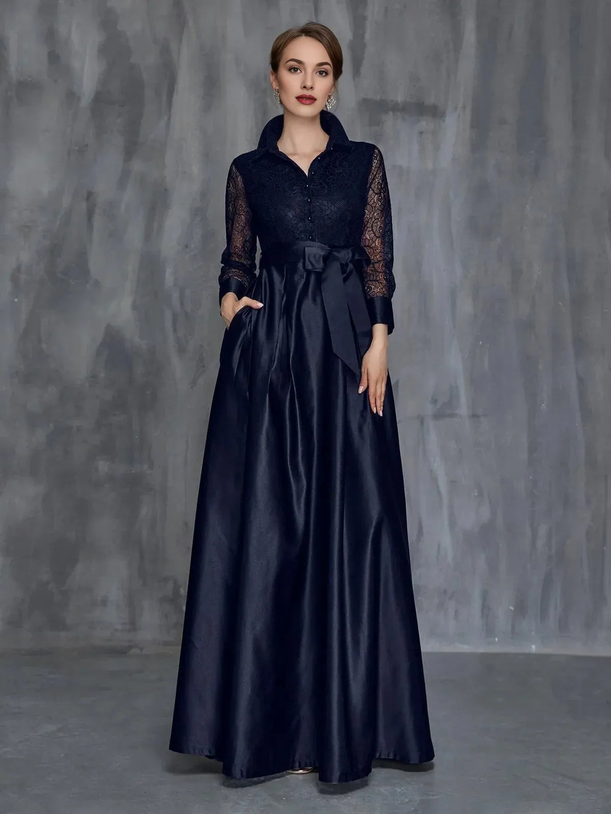 Special Occasion Sophisticated Graceful Elegant Black Satin A-Line Long Sleeve Floor-Length Prom Dress