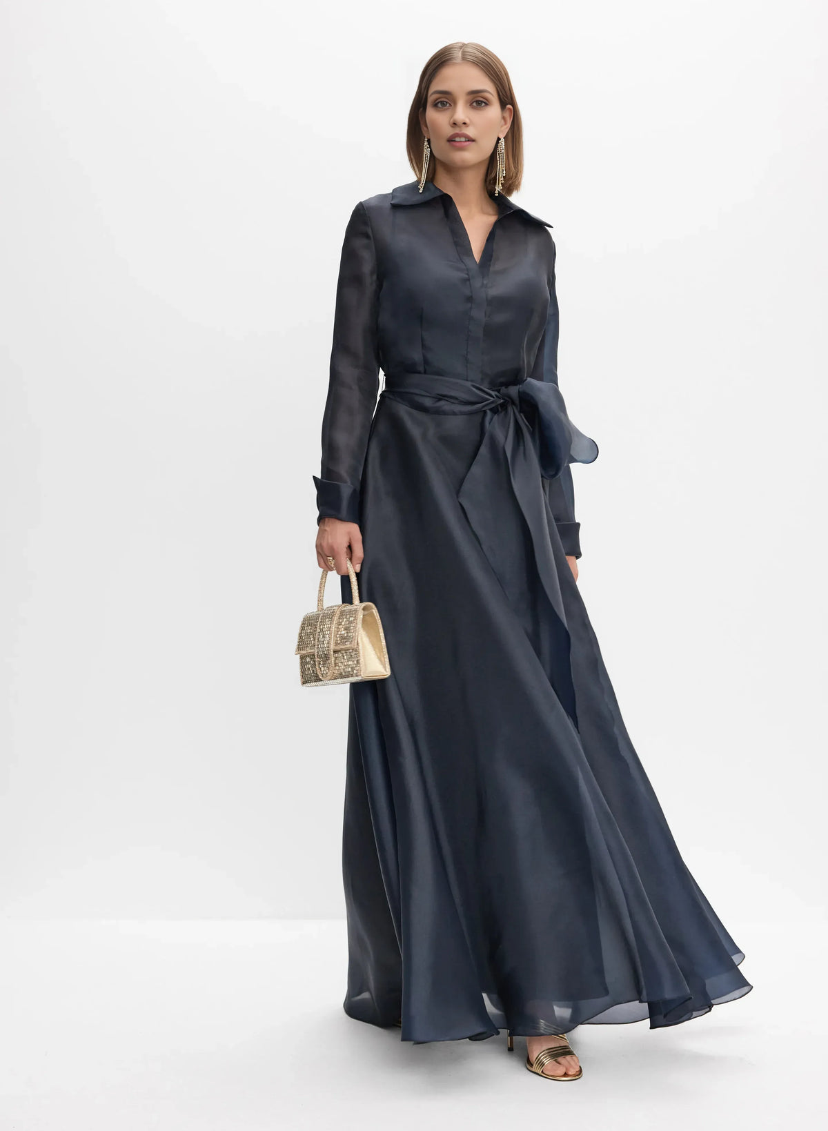 Beautiful Timeless Chic Elegant Navy Blue A-Line Long Sleeve Floor-Length Prom Dress