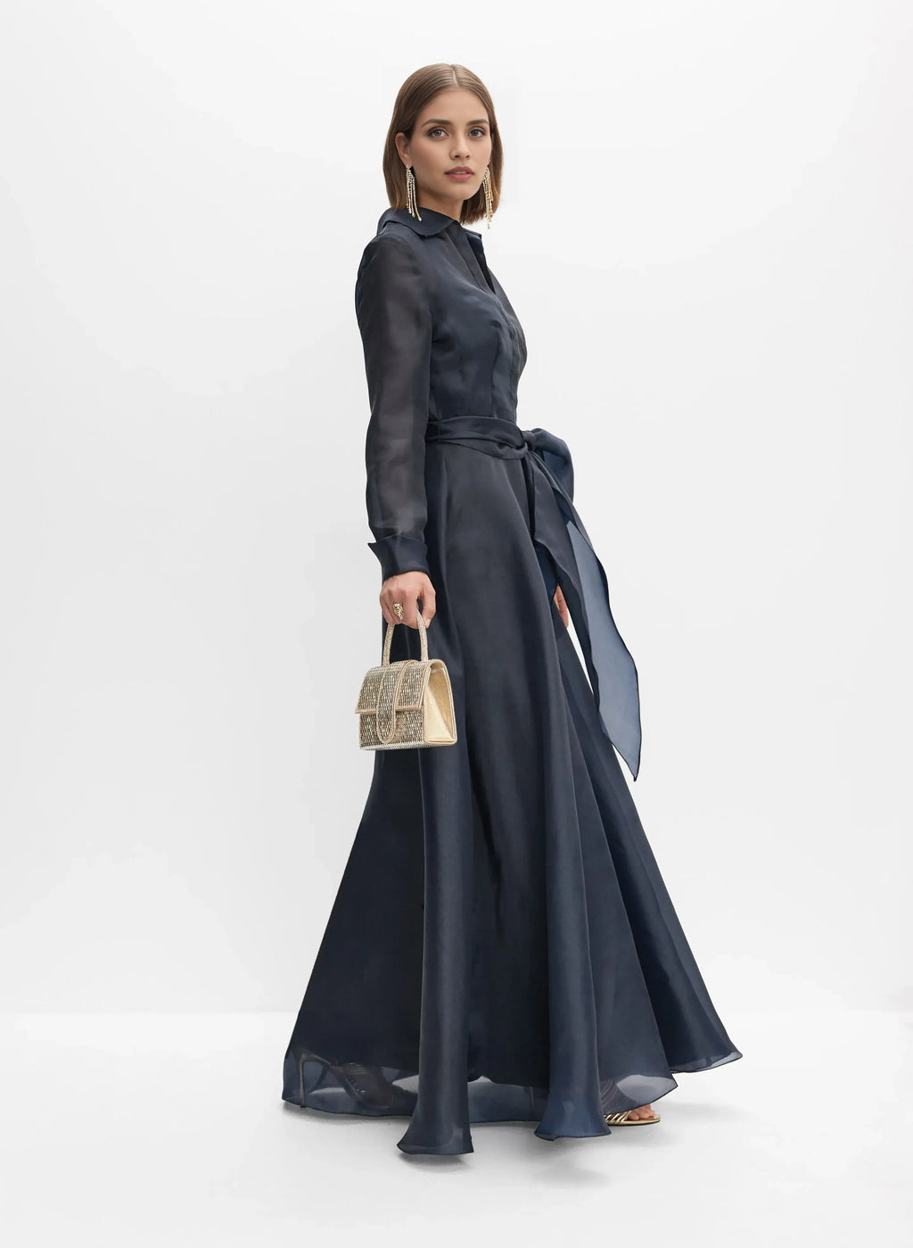 Beautiful Timeless Chic Elegant Navy Blue A-Line Long Sleeve Floor-Length Prom Dress