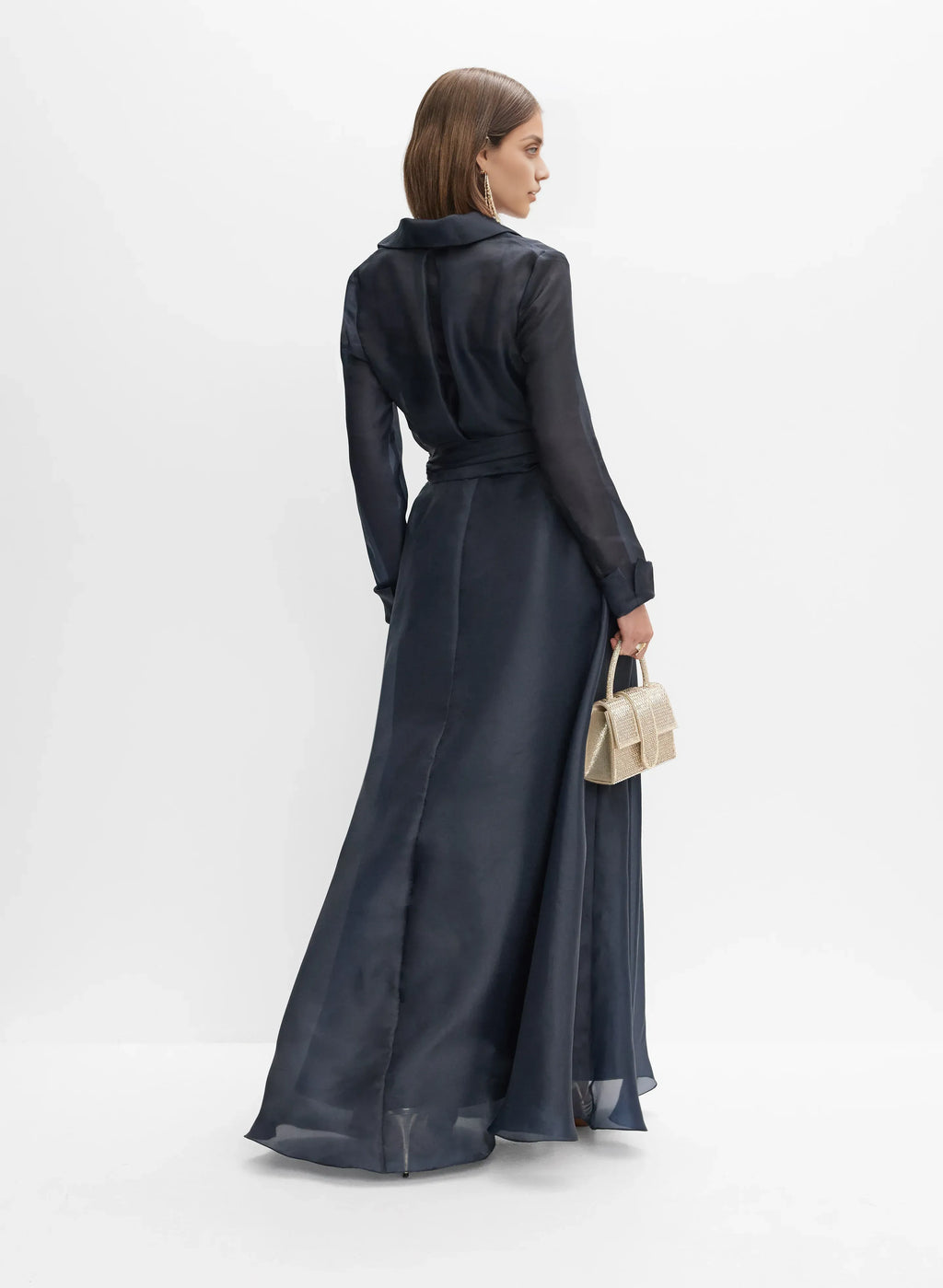 Beautiful Timeless Chic Elegant Navy Blue A-Line Long Sleeve Floor-Length Prom Dress