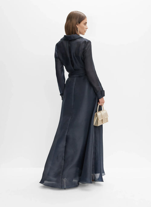 Beautiful Timeless Chic Elegant Navy Blue A-Line Long Sleeve Floor-Length Prom Dress