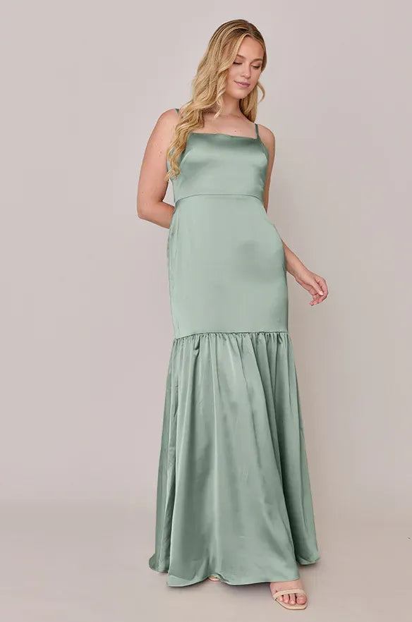 Special Occasion Sophisticated Elegant Sage Green Satin A-Line Sleeveless Floor-Length Prom Dress