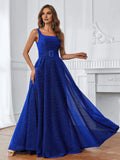 Special Occasion Elegant Royal Blue Glitter A-Line Square Neck Sleeveless Floor-Length Prom Dress