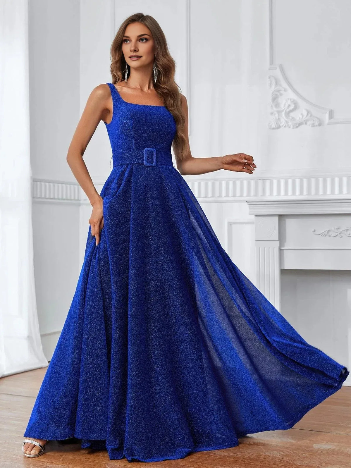 Special Occasion Elegant Royal Blue Glitter A-Line Square Neck Sleeveless Floor-Length Prom Dress