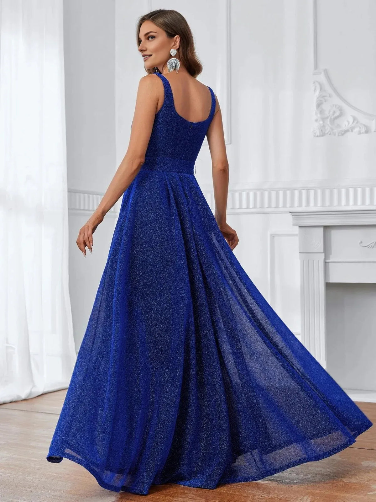 Special Occasion Elegant Royal Blue Glitter A-Line Square Neck Sleeveless Floor-Length Prom Dress