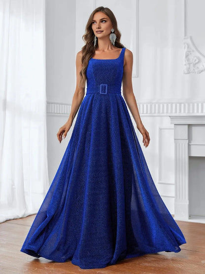 Special Occasion Elegant Royal Blue Glitter A-Line Square Neck Sleeveless Floor-Length Prom Dress