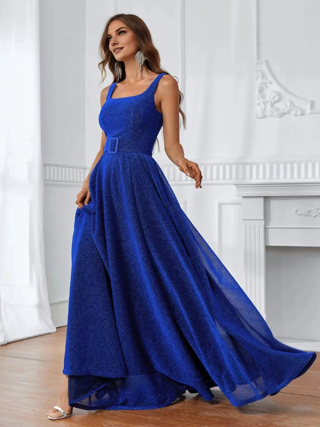 Special Occasion Elegant Royal Blue Glitter A-Line Square Neck Sleeveless Floor-Length Prom Dress
