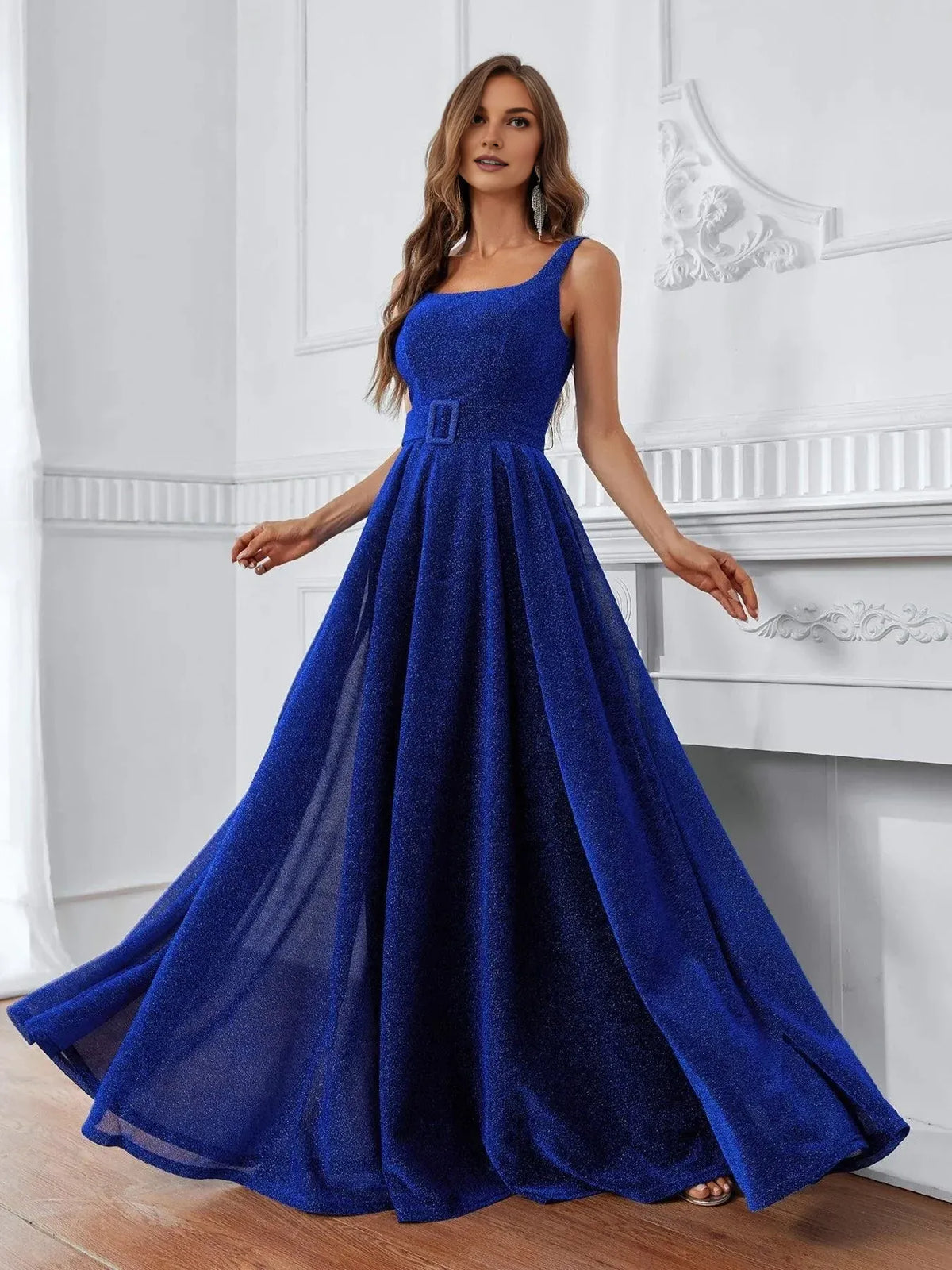 Special Occasion Elegant Royal Blue Glitter A-Line Square Neck Sleeveless Floor-Length Prom Dress