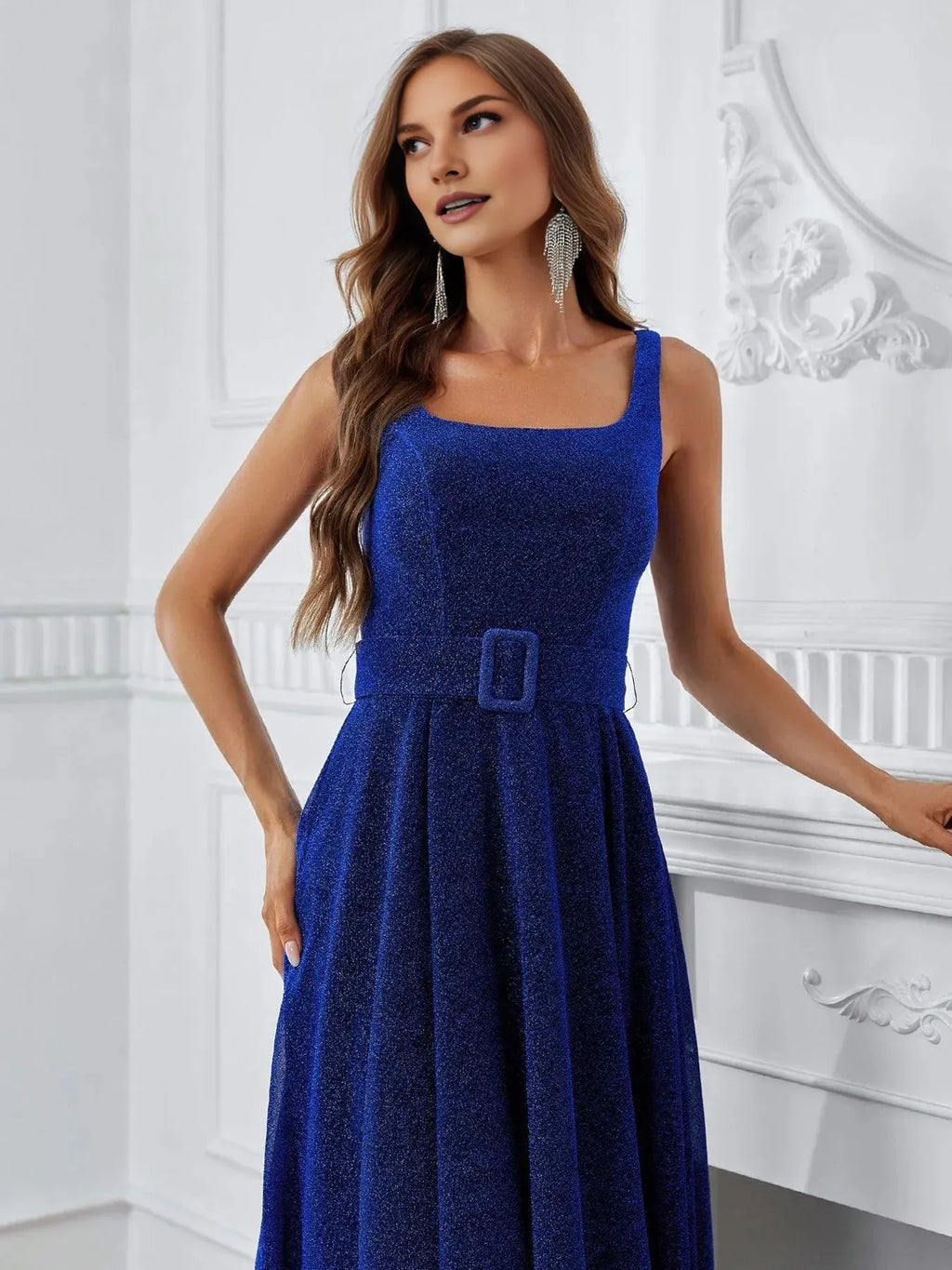 Special Occasion Elegant Royal Blue Glitter A-Line Square Neck Sleeveless Floor-Length Prom Dress