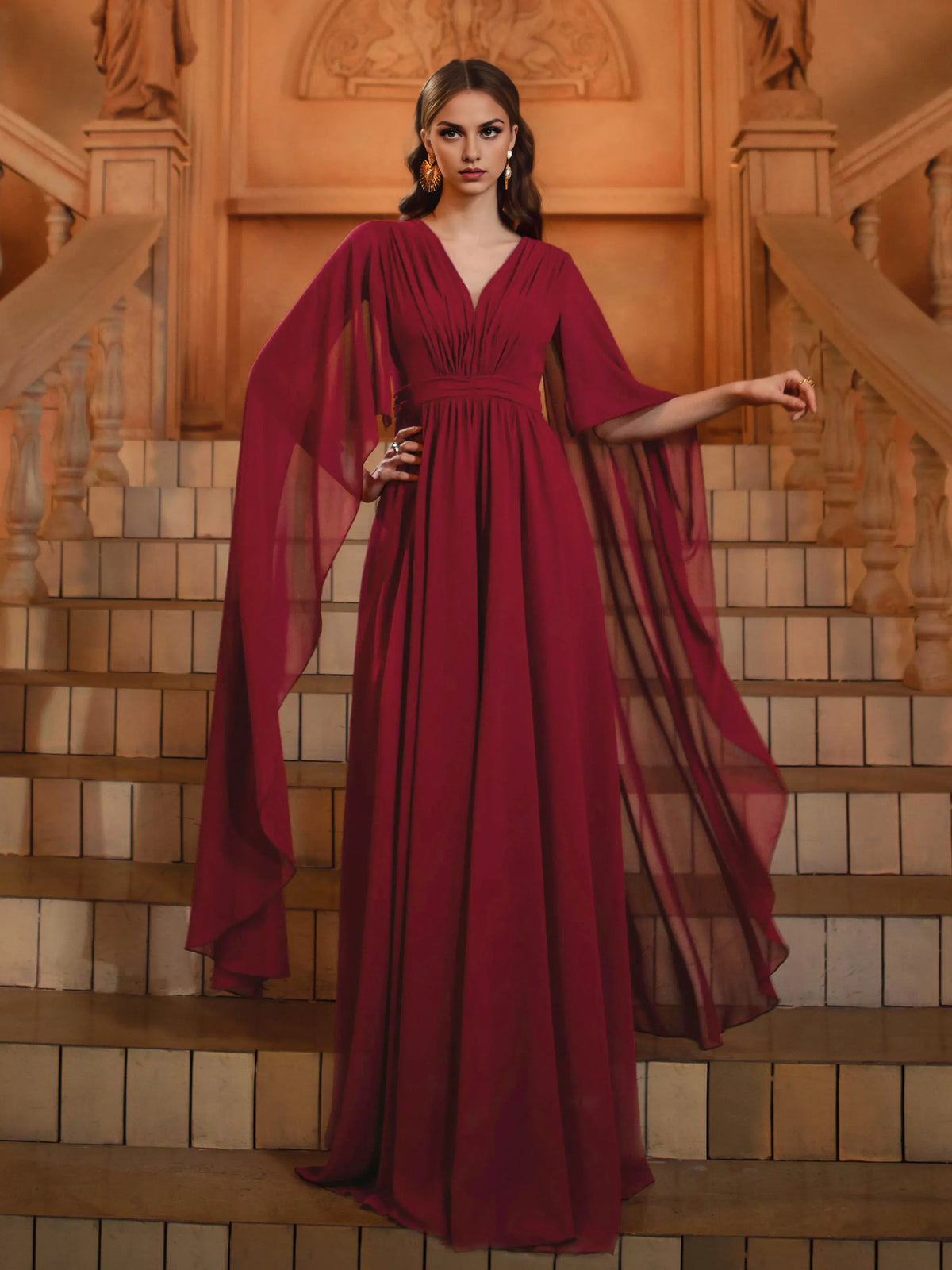 Beautiful Timeless Special Occasion Elegant Burgundy Chiffon A-Line V-Neck Floor-Length Prom Dress