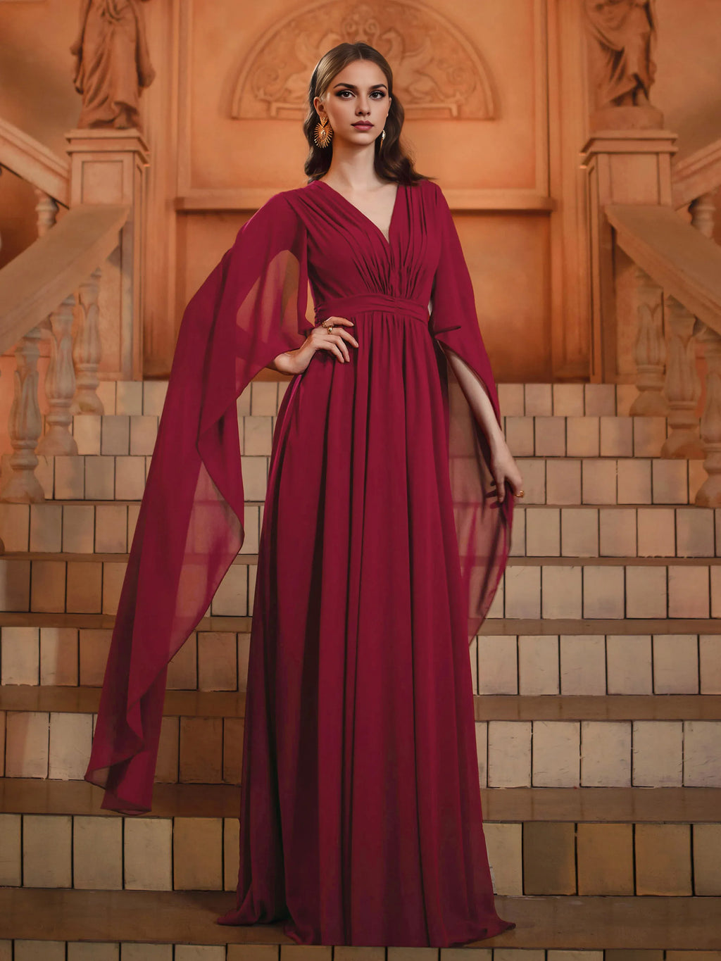 Beautiful Timeless Special Occasion Elegant Burgundy Chiffon A-Line V-Neck Floor-Length Prom Dress