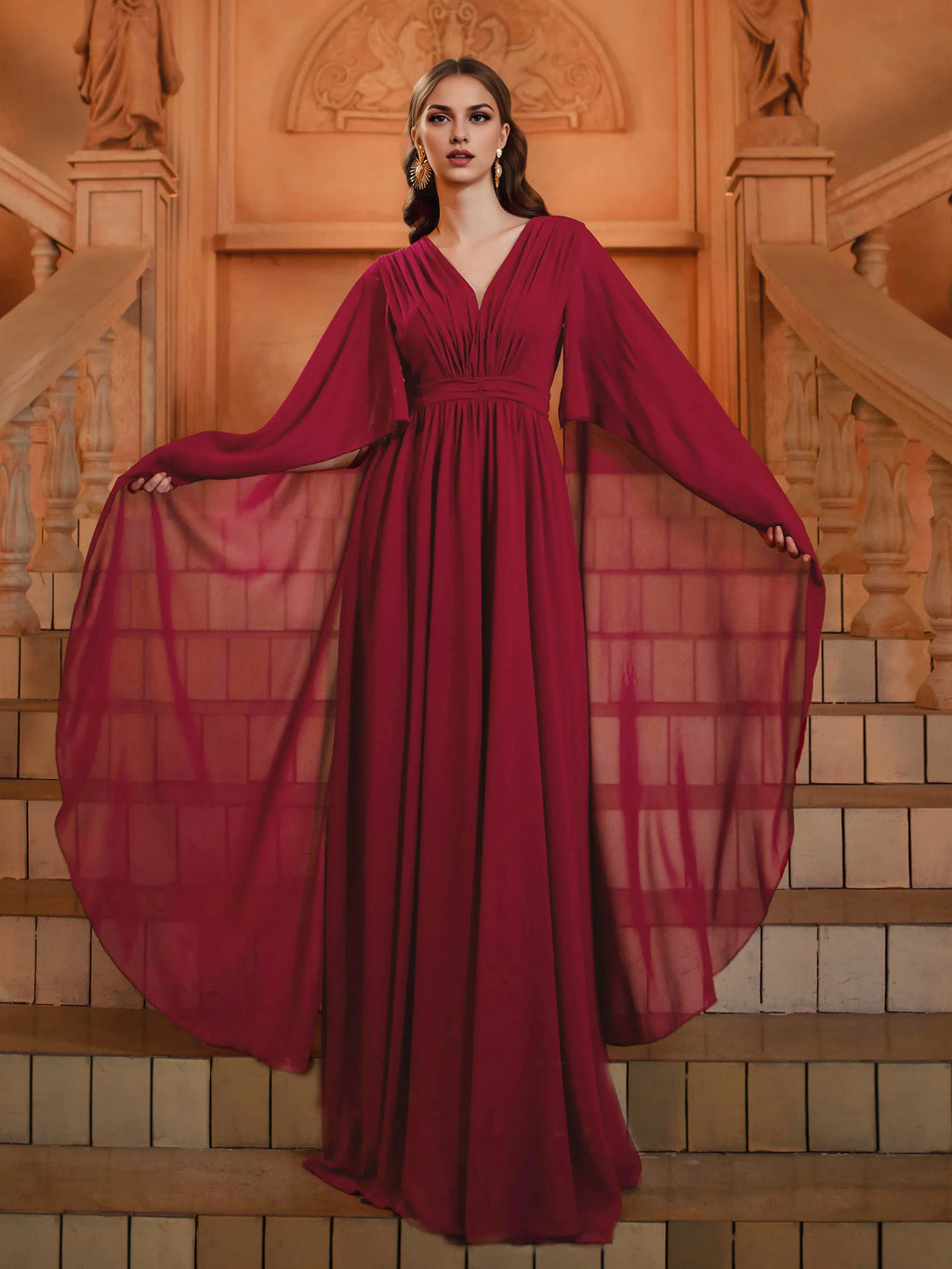 Beautiful Timeless Special Occasion Elegant Burgundy Chiffon A-Line V-Neck Floor-Length Prom Dress