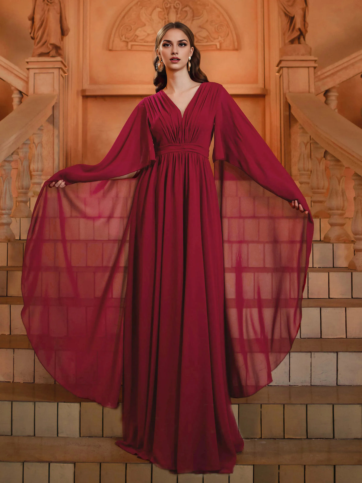 Beautiful Timeless Special Occasion Elegant Burgundy Chiffon A-Line V-Neck Floor-Length Prom Dress