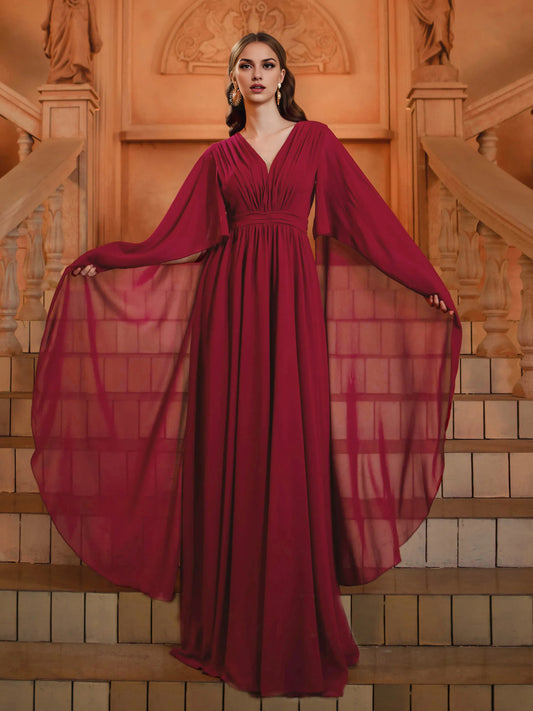 Beautiful Timeless Special Occasion Elegant Burgundy Chiffon A-Line V-Neck Floor-Length Prom Dress
