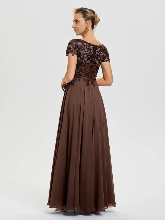 Elegant Chocolate Brown Chiffon A-Line V-Neck Floor-Length Mother of the Bride Dress