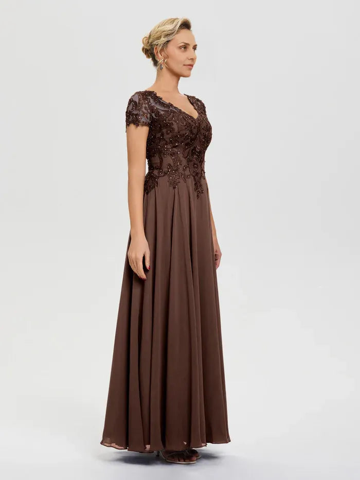 Elegant Chocolate Brown Chiffon A-Line V-Neck Floor-Length Mother of the Bride Dress