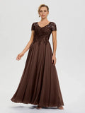 Elegant Chocolate Brown Chiffon A-Line V-Neck Floor-Length Mother of the Bride Dress