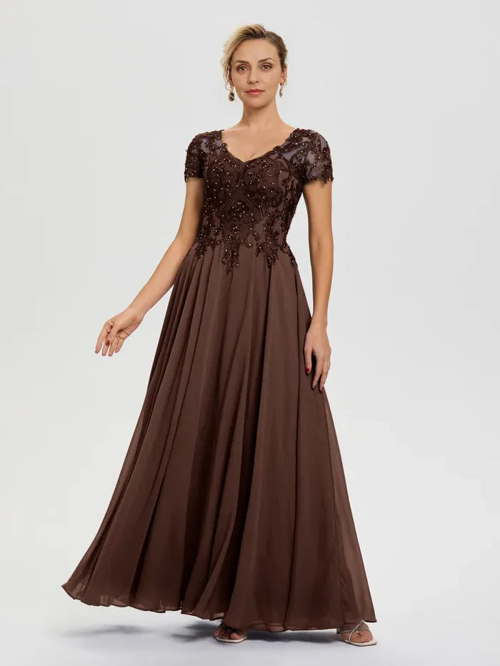 Elegant Chocolate Brown Chiffon A-Line V-Neck Floor-Length Mother of the Bride Dress