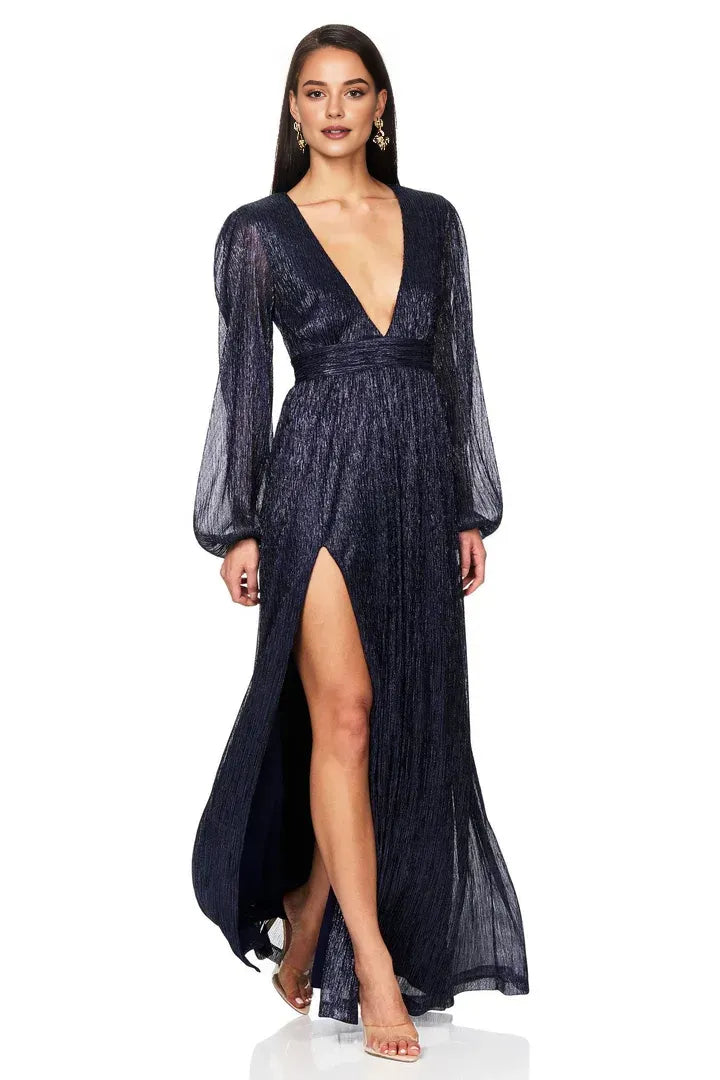 Beautiful Timeless Chic Elegant Navy Blue A-Line Long Sleeve Floor-Length Prom Dress