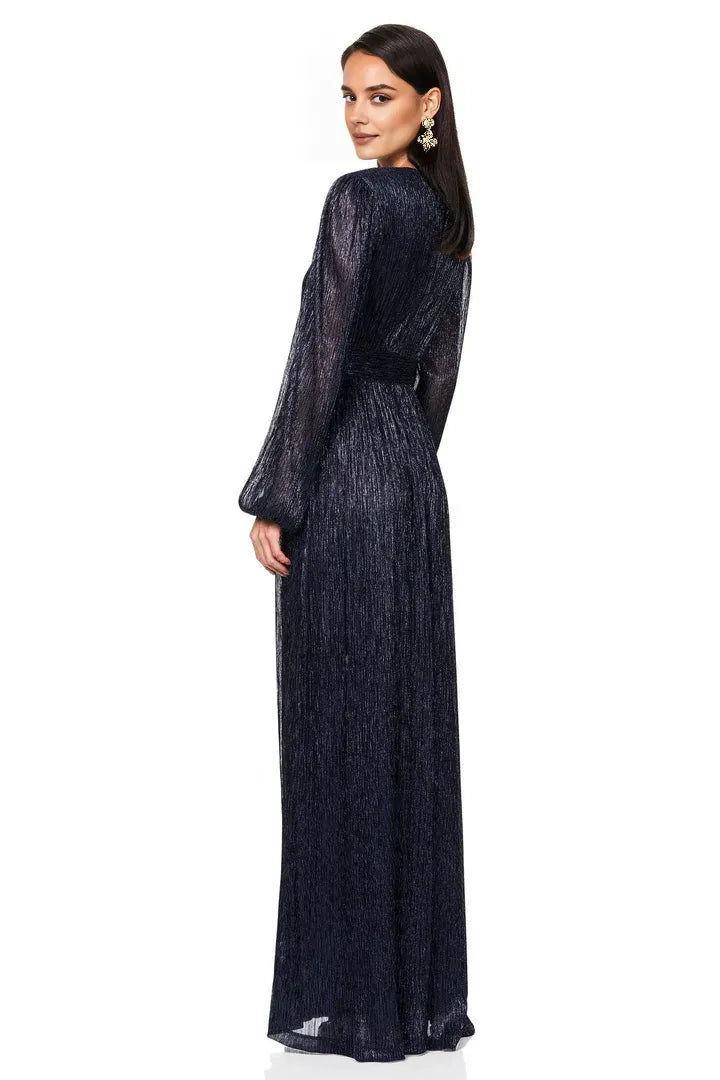 Beautiful Timeless Chic Elegant Navy Blue A-Line Long Sleeve Floor-Length Prom Dress