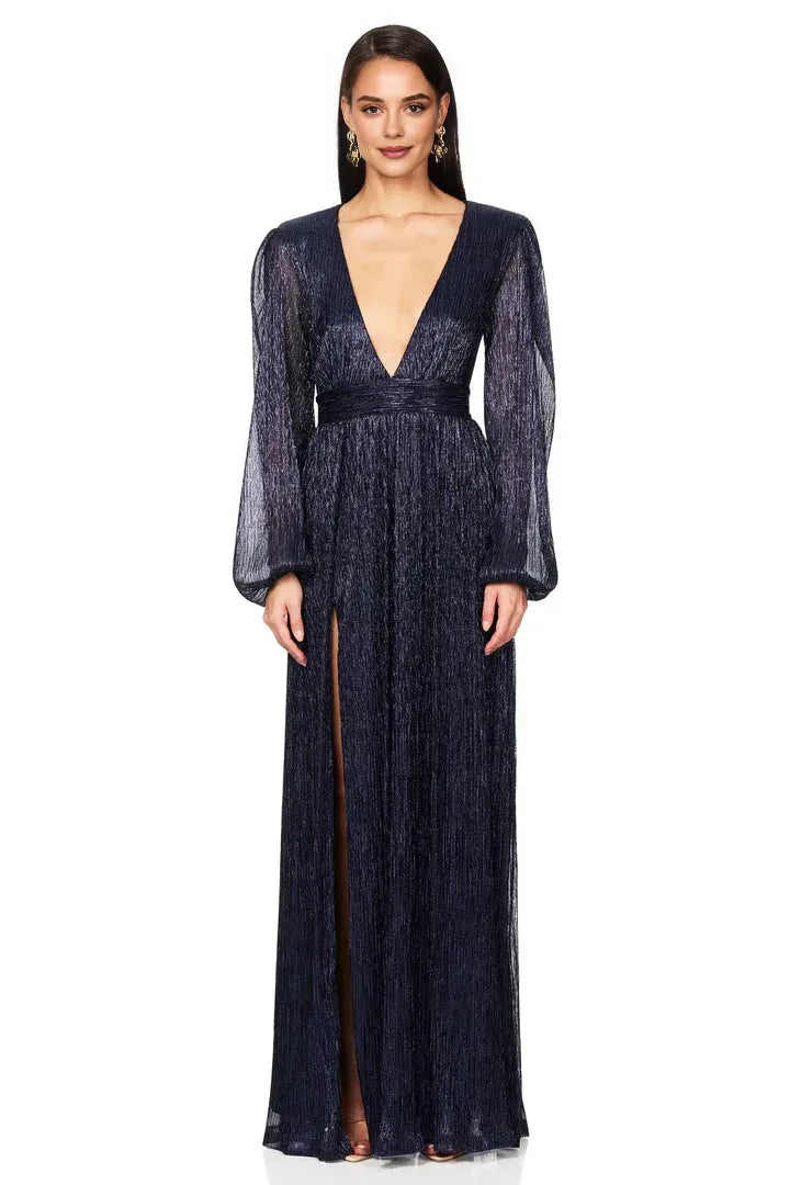 Beautiful Timeless Chic Elegant Navy Blue A-Line Long Sleeve Floor-Length Prom Dress