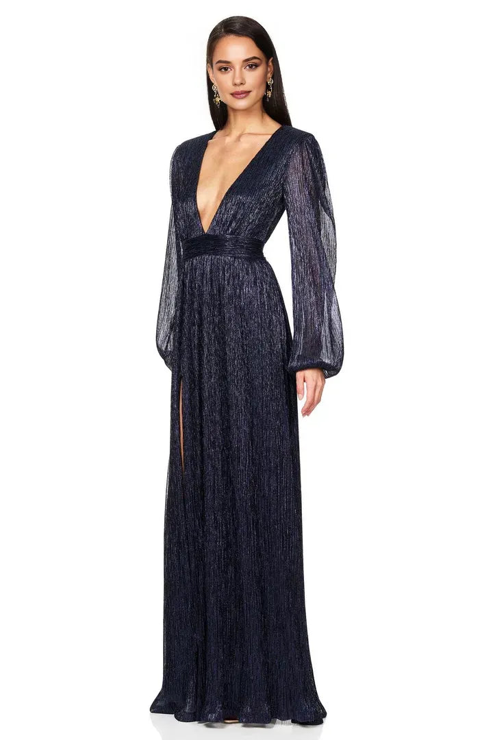 Beautiful Timeless Chic Elegant Navy Blue A-Line Long Sleeve Floor-Length Prom Dress