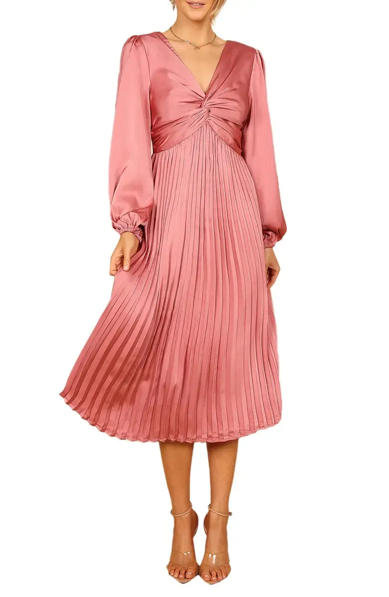 Graceful Stylish Elegant Blush Pink Satin A-Line Long Sleeve Tea-Length Prom Dress