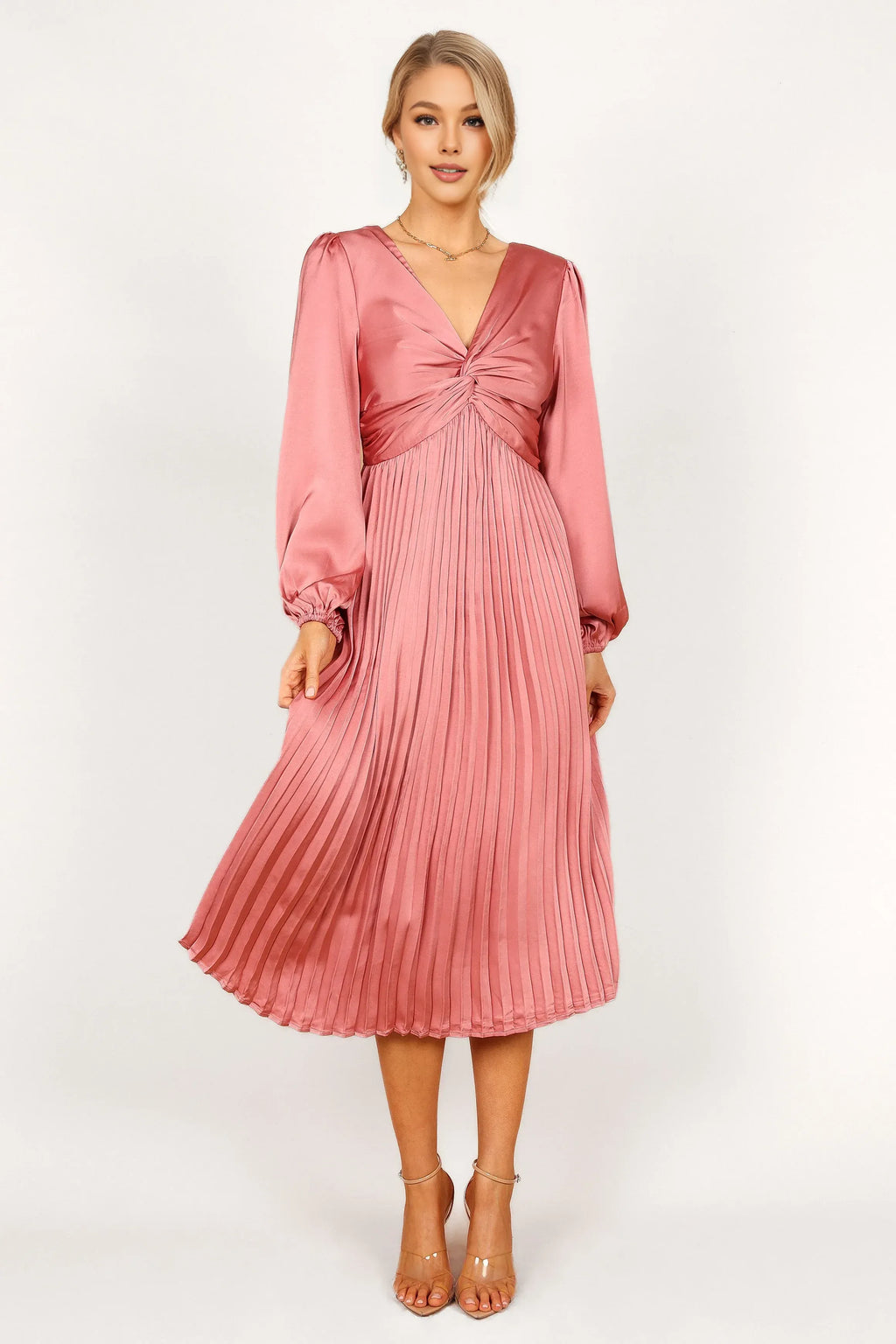 Graceful Stylish Elegant Blush Pink Satin A-Line Long Sleeve Tea-Length Prom Dress