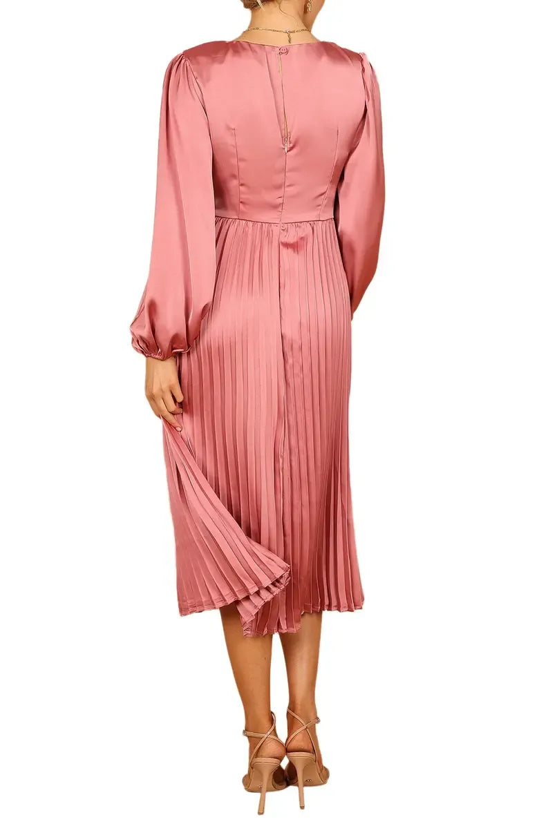 Graceful Stylish Elegant Blush Pink Satin A-Line Long Sleeve Tea-Length Prom Dress