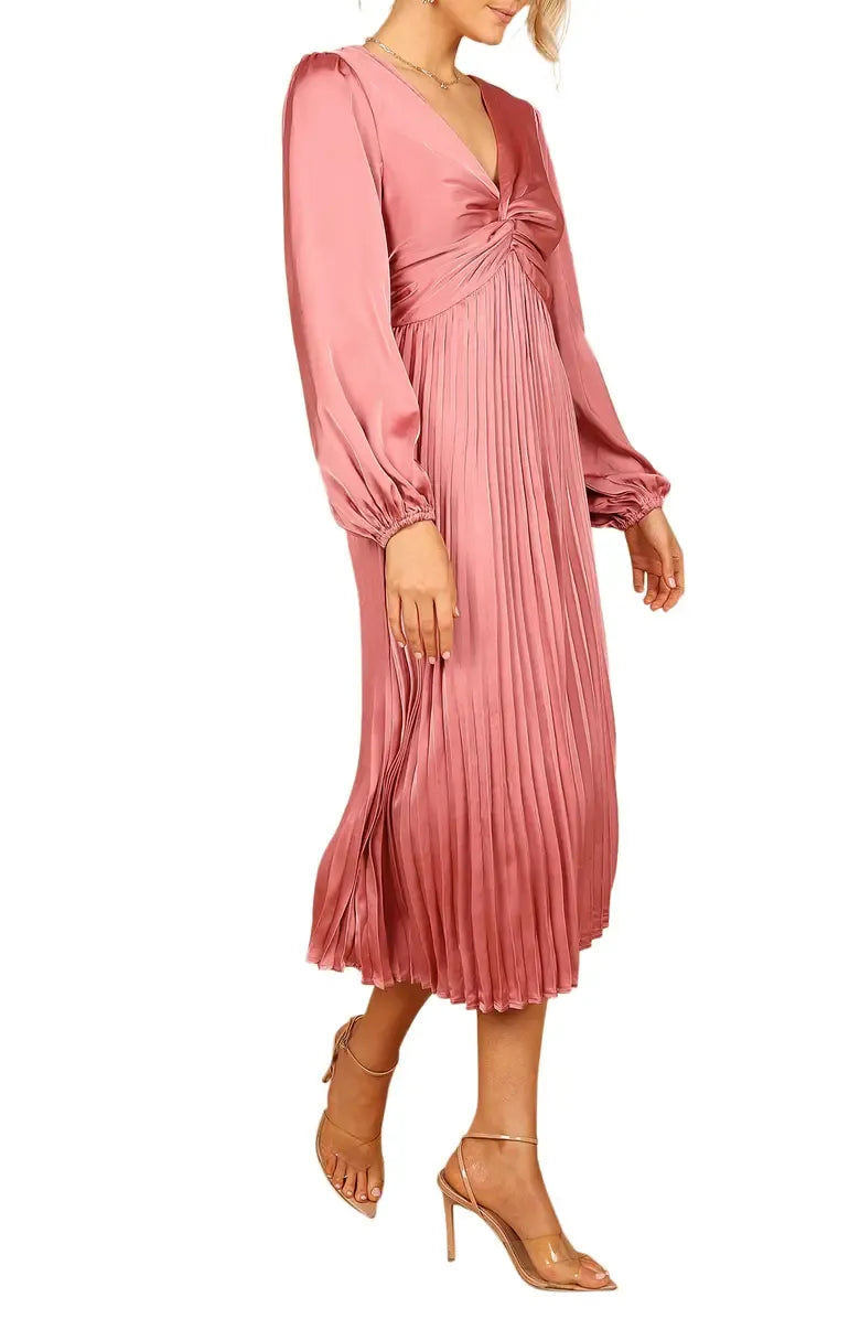 Graceful Stylish Elegant Blush Pink Satin A-Line Long Sleeve Tea-Length Prom Dress