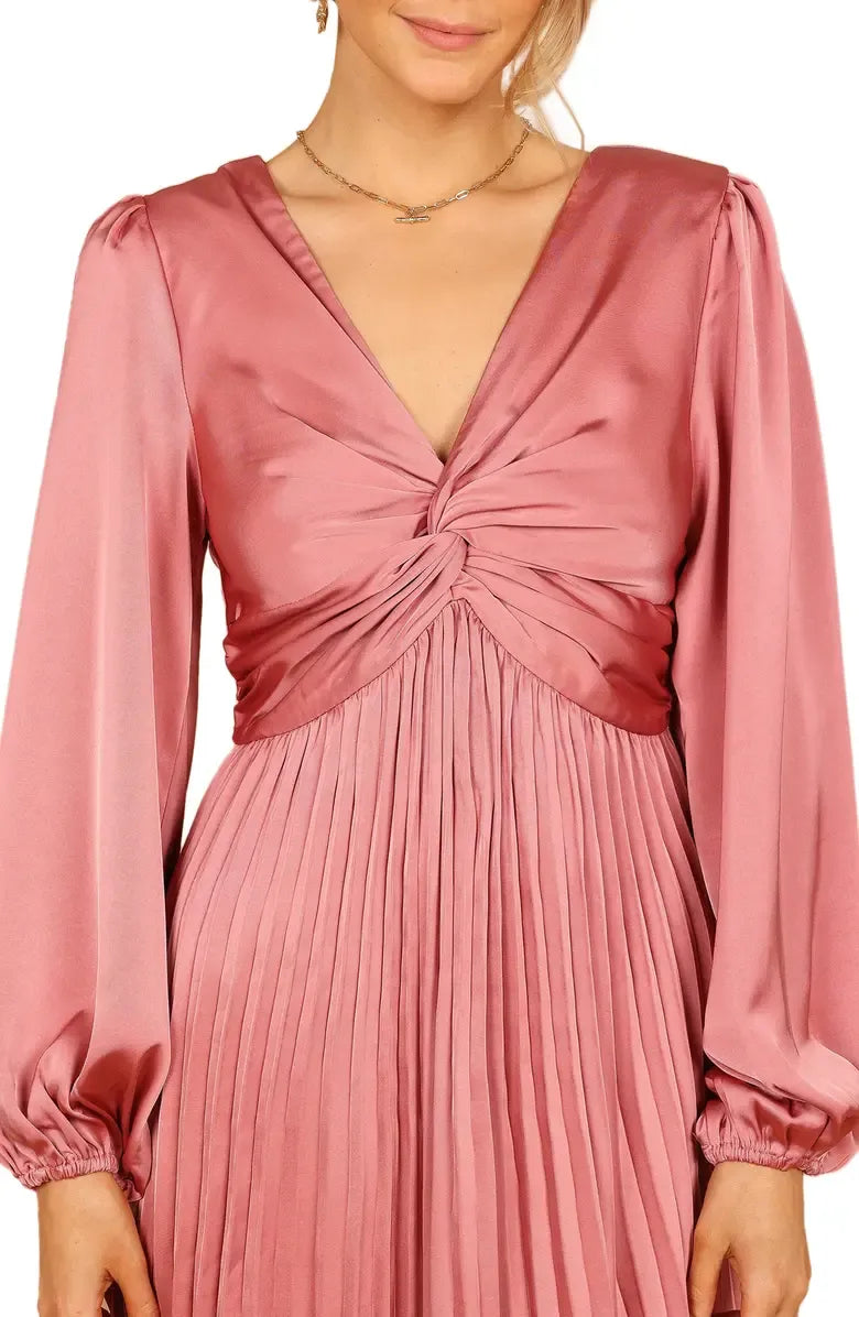 Graceful Stylish Elegant Blush Pink Satin A-Line Long Sleeve Tea-Length Prom Dress