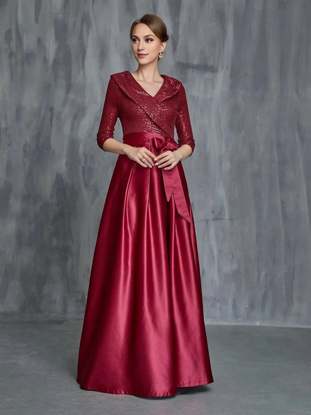 Graceful Stylish Refined Elegant Burgundy Satin A-Line Long Sleeve Floor-Length Prom Dress