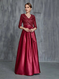 Graceful Stylish Refined Elegant Burgundy Satin A-Line Long Sleeve Floor-Length Prom Dress